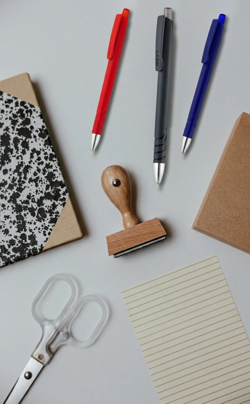 MAXY pens with a notebook, stamp and desk stationery