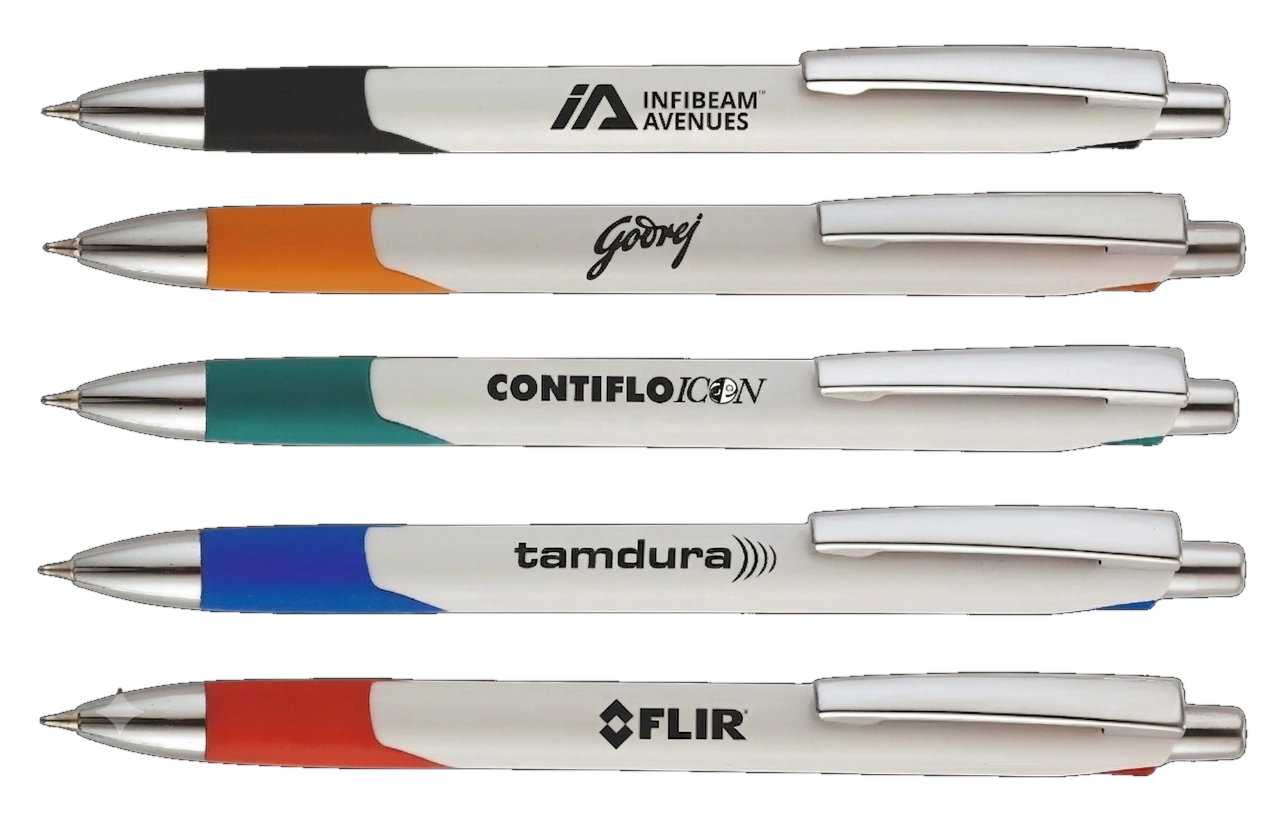 MAXY retractable pens with white barrels, brushed metal clips and coloured grips, printed with customer logos