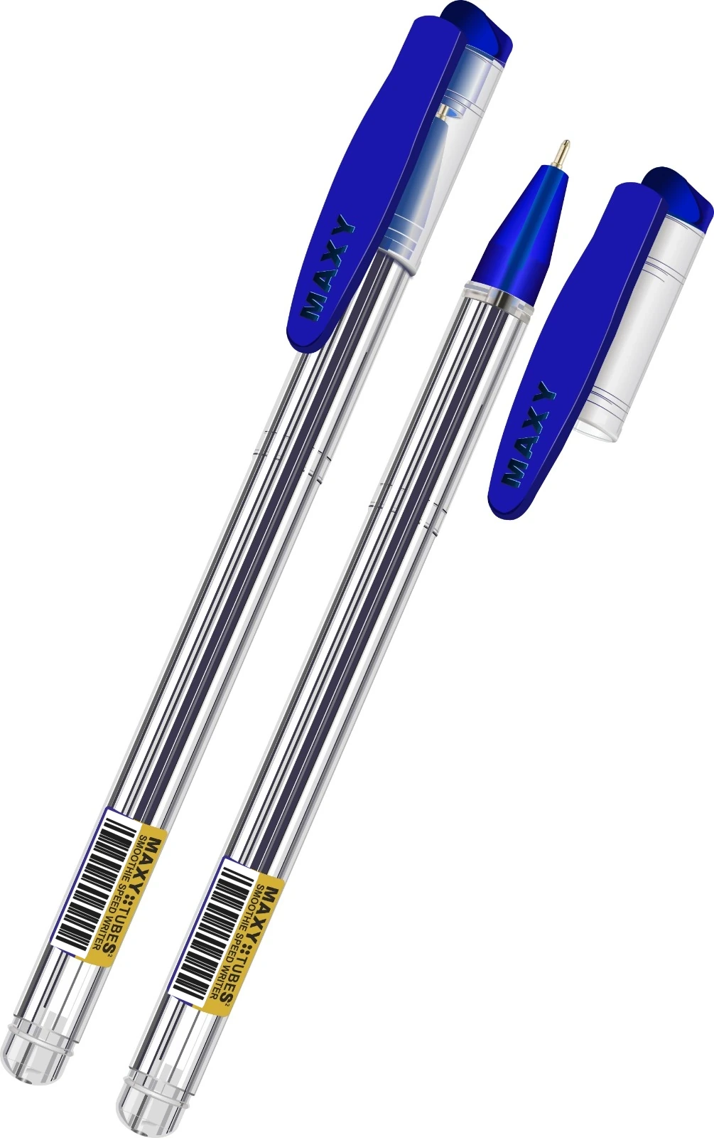 MAXY TUBE S2 blue ball point pen, capped and uncapped, with its transparent barrel and child-safe cap